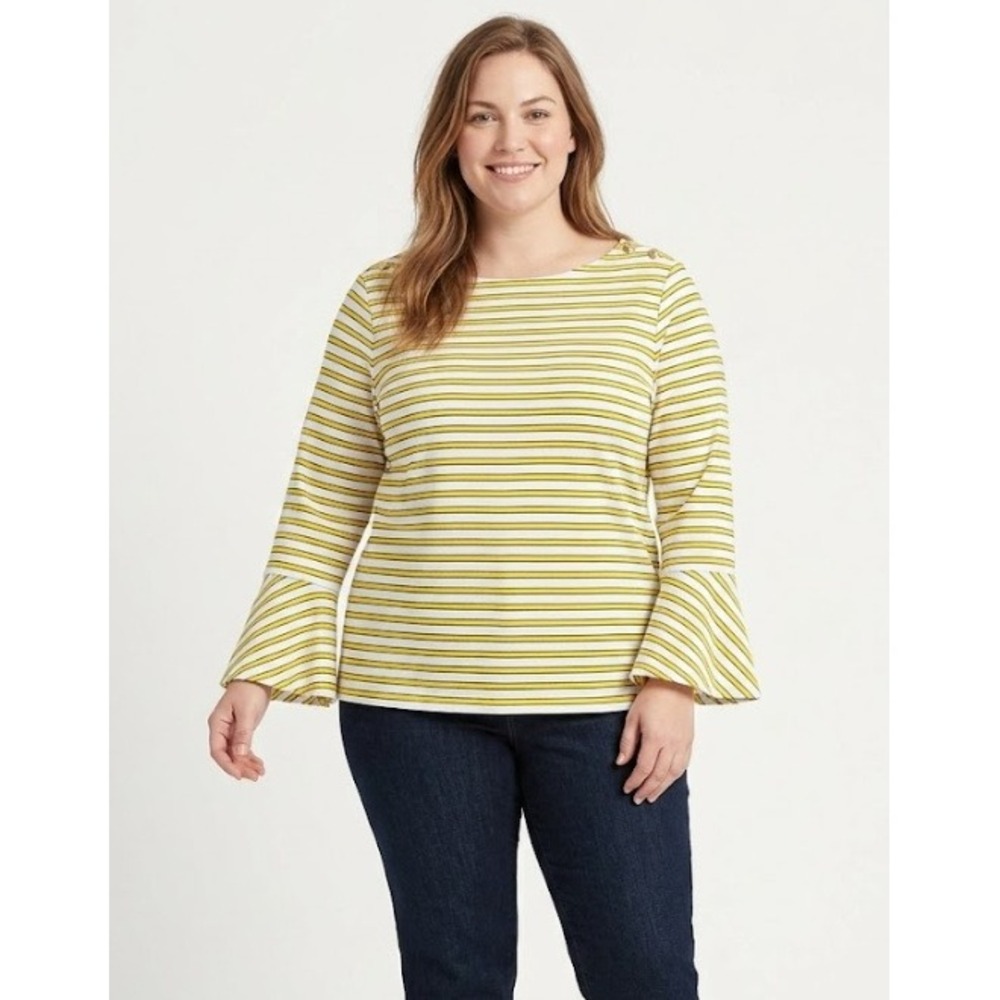 Lauren Ralph Lauren Striped Top 2X‎ Yellow Bell Sleeve Button Shoulder Cotton